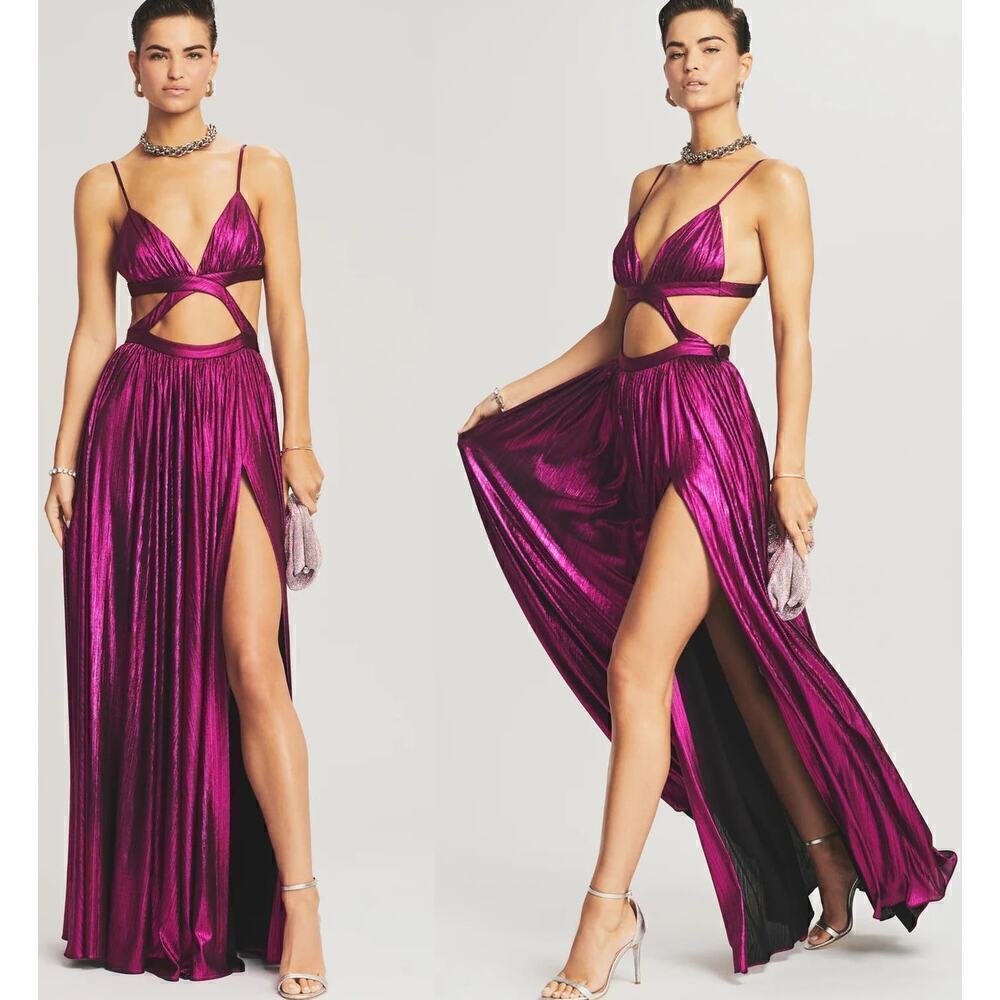 Retrofete Jett Dress Bralette Cutout Metallic Evening Gown Maxi Magenta NWT Sz L